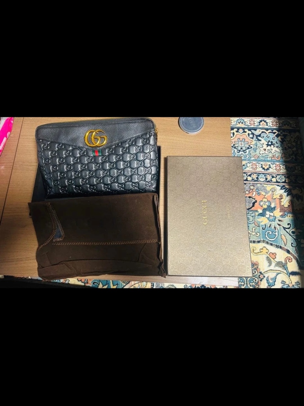 Gucci Black Embossed Leather Clutch with Gold Double G